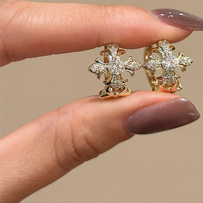 中古金色仿满钻鸢尾花十字架耳钉