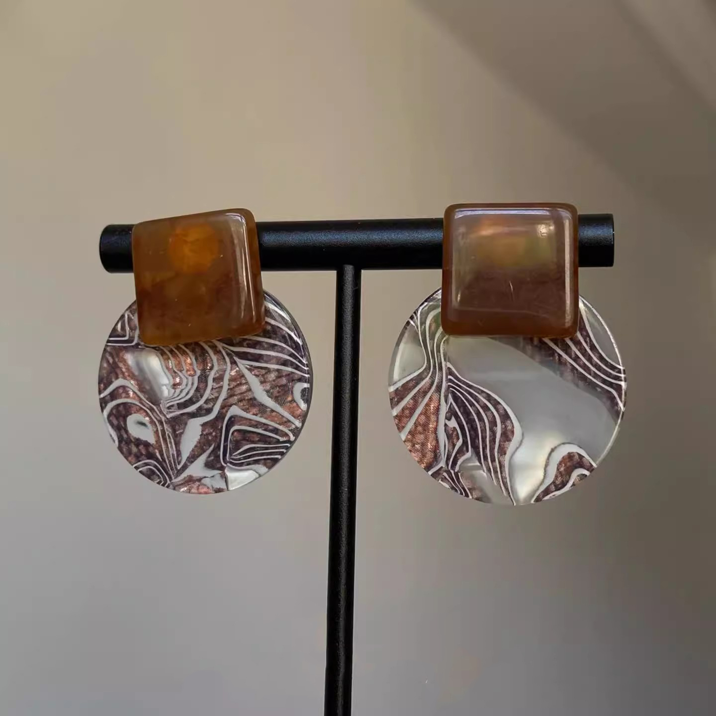 中古琥珀方块醋酸圆形耳环女2025新款高级感轻奢耳钉独特漂亮耳饰