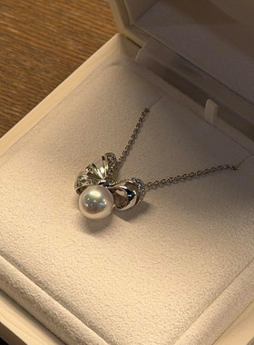 秋冬银色丝带蝴蝶结仿珍珠项链