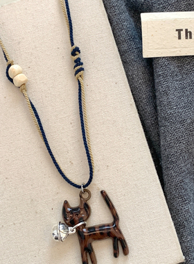 秋冬铃铛豹纹猫双股编绳吊坠项链