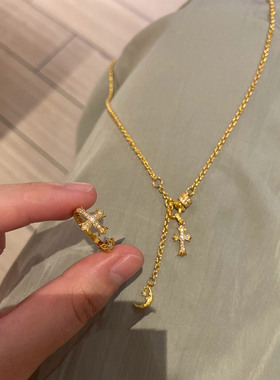 细闪十字架跑环半月流苏项链女