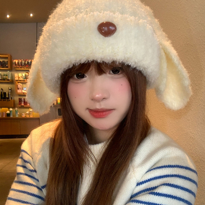 秋冬新款长耳朵小狗针织毛绒帽子