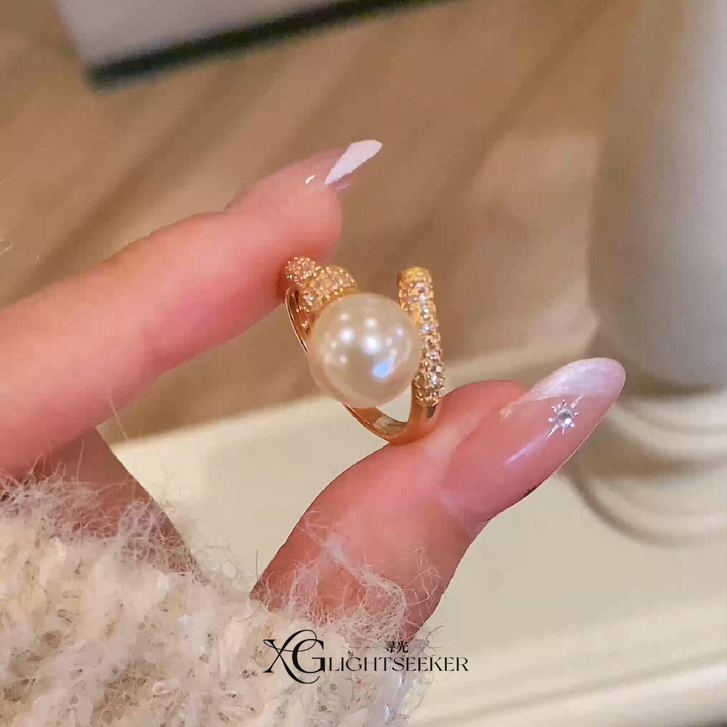 法式微镶仿珍珠开口戒指千金感