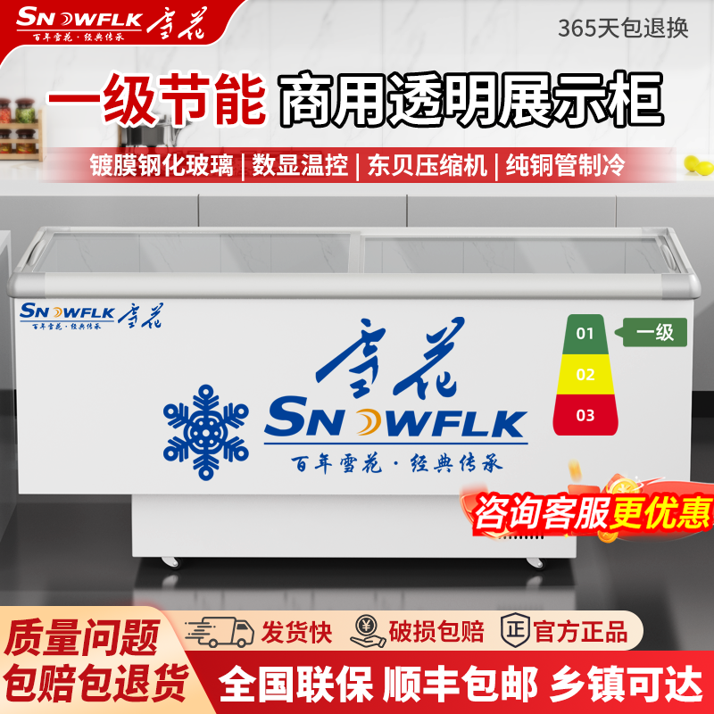 雪花冰柜商用大容量冷柜冰箱冷藏冷冻展示柜卧式透明玻璃雪柜冰箱