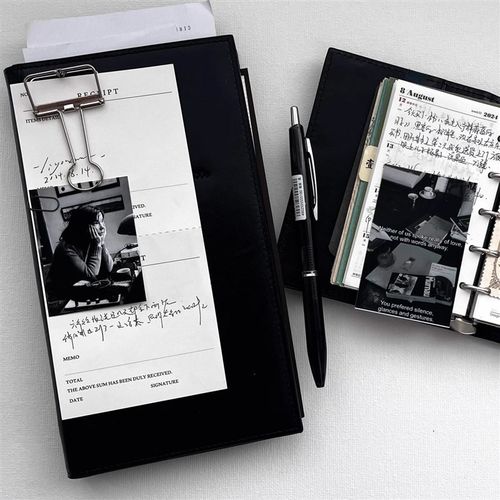 黑色皮质A6g活页手账本清冷氛围感学生日程规划本摘录日记事本