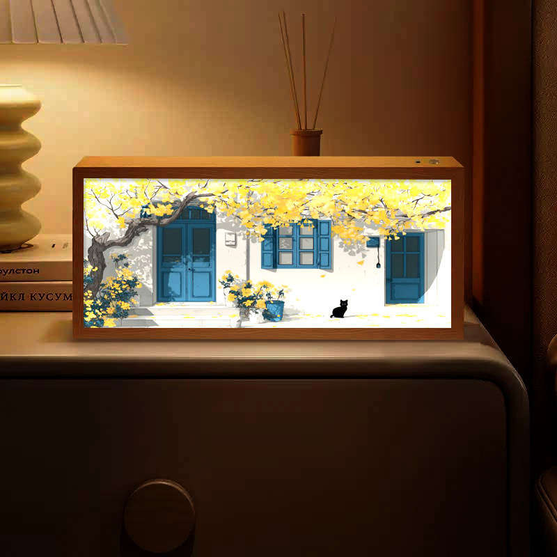 治愈系风景门前猫咪灯光画卧室蓝牙音响小夜灯送朋友发光礼物摆画