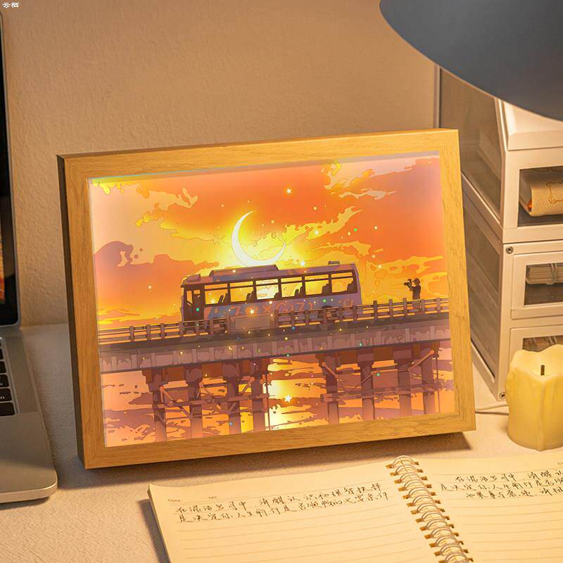 夕阳风景镜子灯光画送朋友发光礼物摆台画卧室蓝牙音响小夜灯摆件