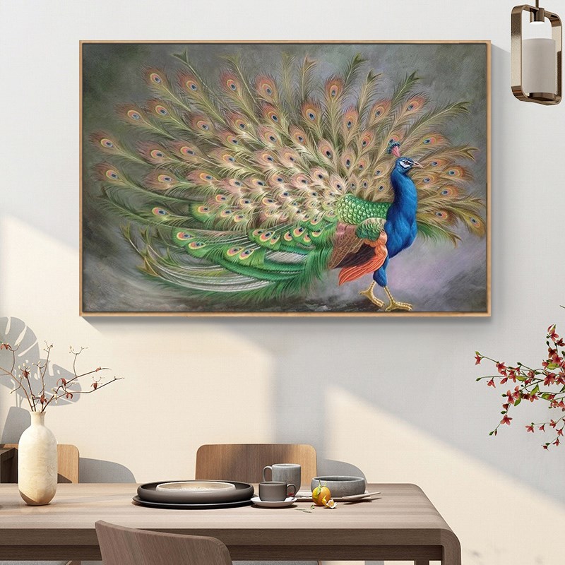 新中式横版孔雀开屏手绘油画客厅沙发背景墙装饰壁画入户玄关挂画图片
