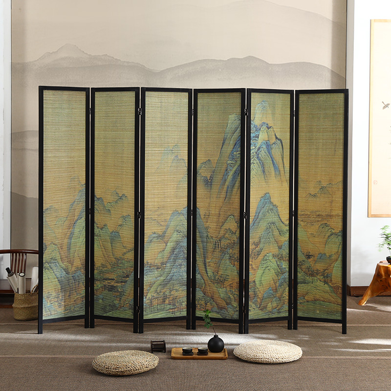 现代中式实木折叠复古屏风移动折屏装饰隔断客厅酒店玄关千里江山