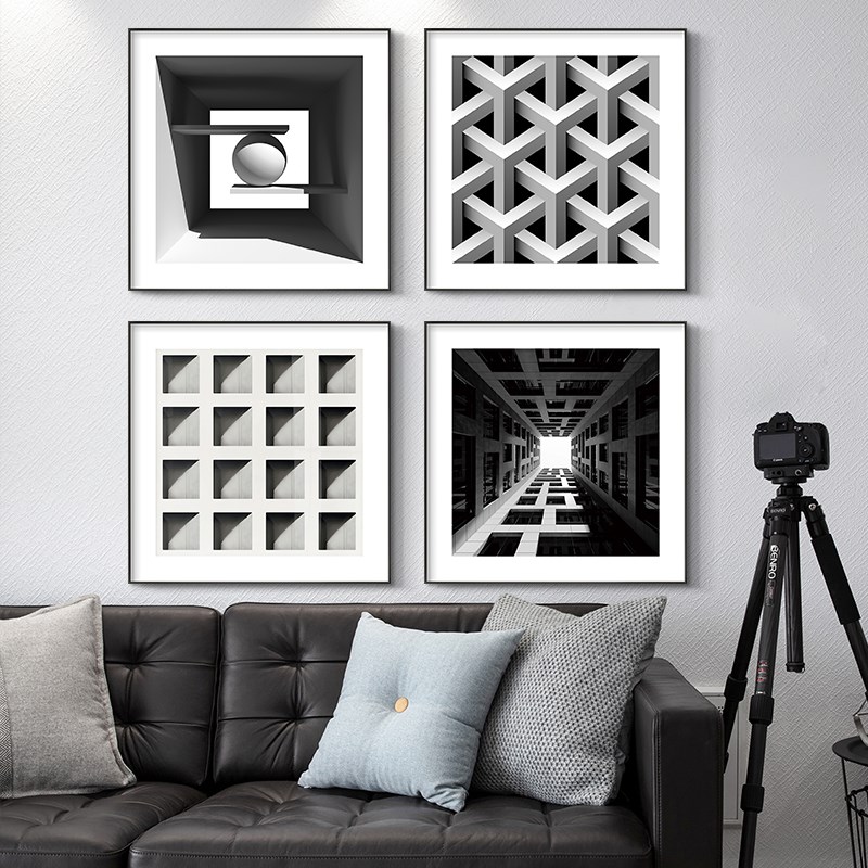 现代简约几何黑白建筑摄影玻璃有框装饰画ins风餐厅卧室挂画欧式图片