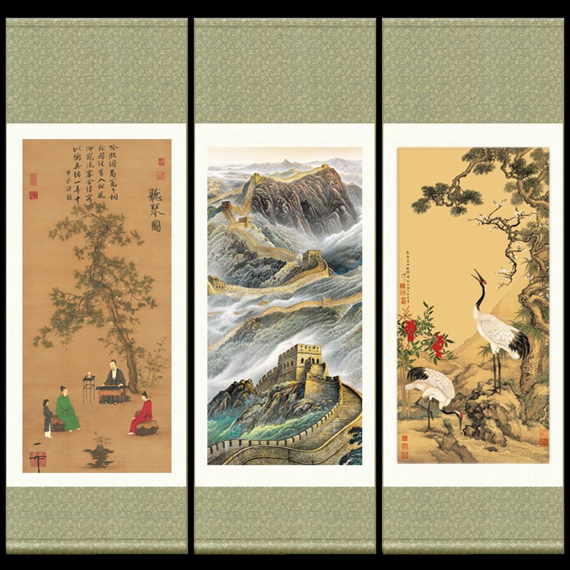 长城丝绸画卷轴挂画办公室古代山水国画中国风特色礼物送老外国人