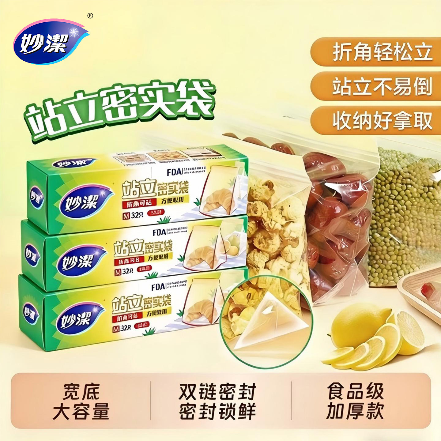 妙洁保鲜密实袋食品级条自封站立式食品袋可进微波炉密封冷冻冰箱