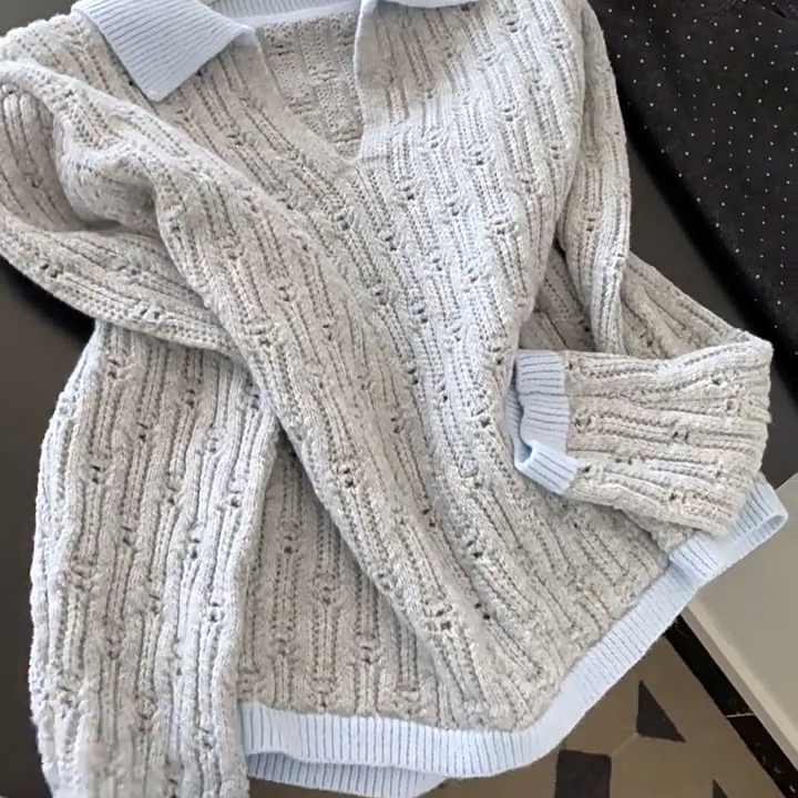 韩系撞色翻领长袖针织衫女2025秋冬季新款宽松慵懒风软糯毛衣上衣