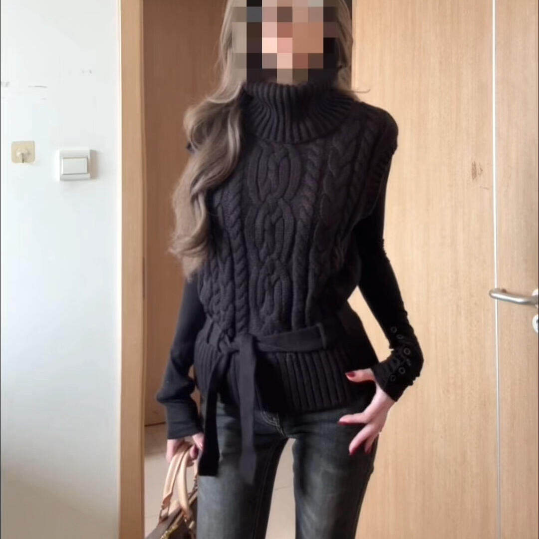 粗针毛线衣麻花黑色高领毛衣女秋冬新款高级感无袖针织衫马甲上衣