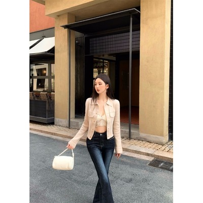 复古气质修身显瘦针织开衫女秋冬长袖翻领毛衣小个子短款外套上衣