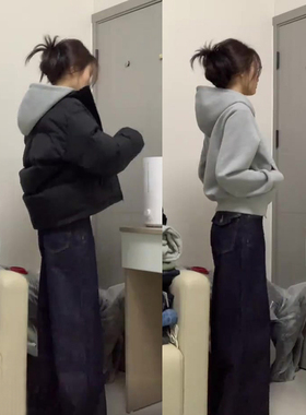 灰色正肩卫衣女羽绒服内搭外套叠穿修身连帽短款上衣秋冬季加绒厚