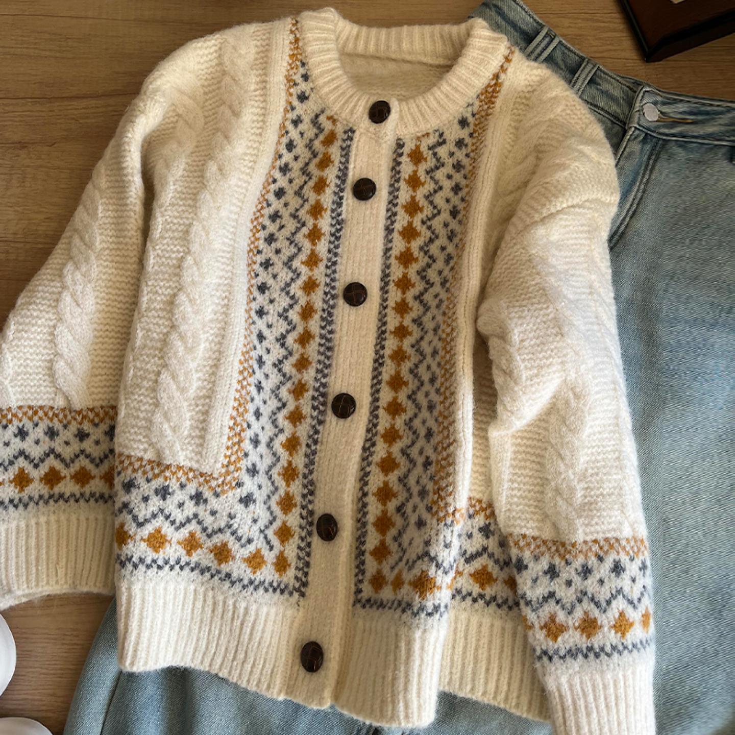 韩系穿搭慵懒风费尔岛毛衣外套女2025新款秋冬季针织开衫宽松上衣