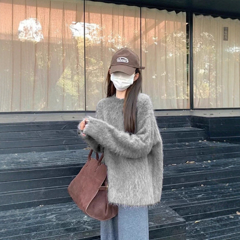 慵懒风软糯灰色仿水貂绒圆领毛衣女秋冬奶fufu宽松内搭针织衫上衣