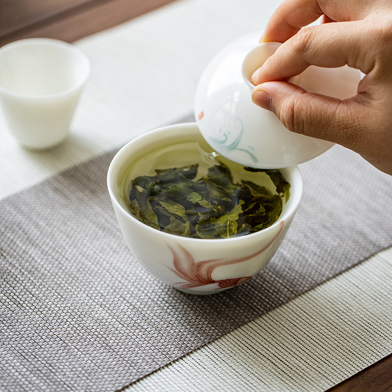 白瓷盖碗单个白瓷茶杯大号手抓碗茶碗功夫茶具圆融V素锦年华泡茶