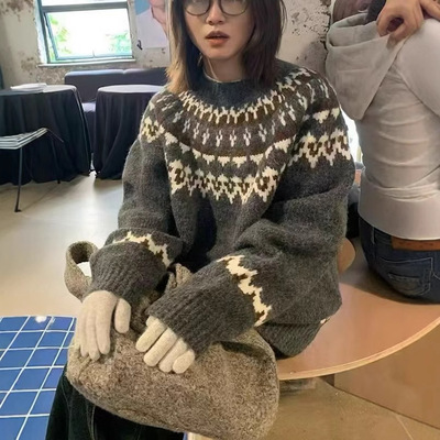 YUNSHU费尔岛软糯宽松休闲毛衣女秋冬慵懒风加厚羊驼毛撞色针织衫