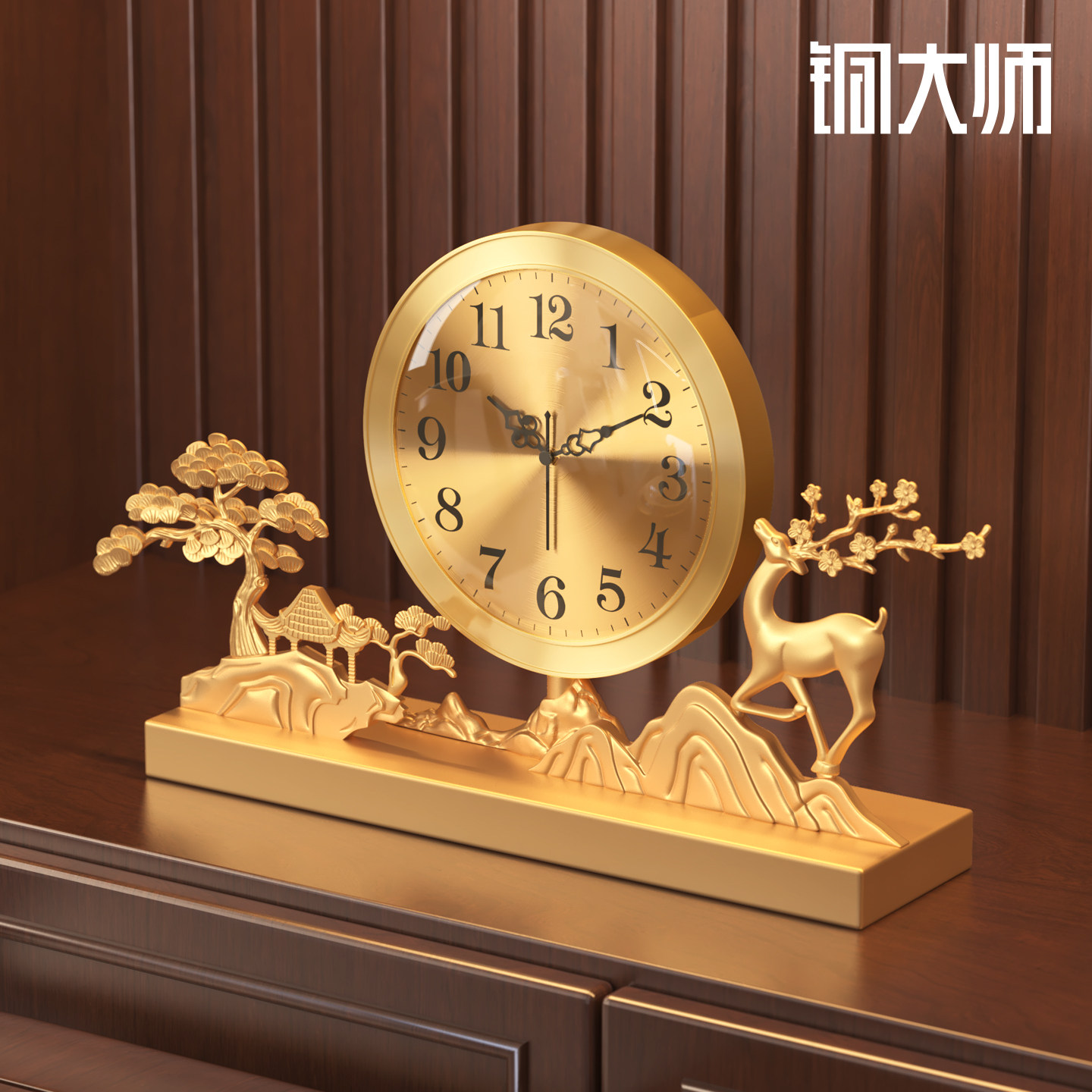铜大师《松鹿迎贵》黄铜客厅座钟桌面时钟摆台式钟表玄关摆件座钟