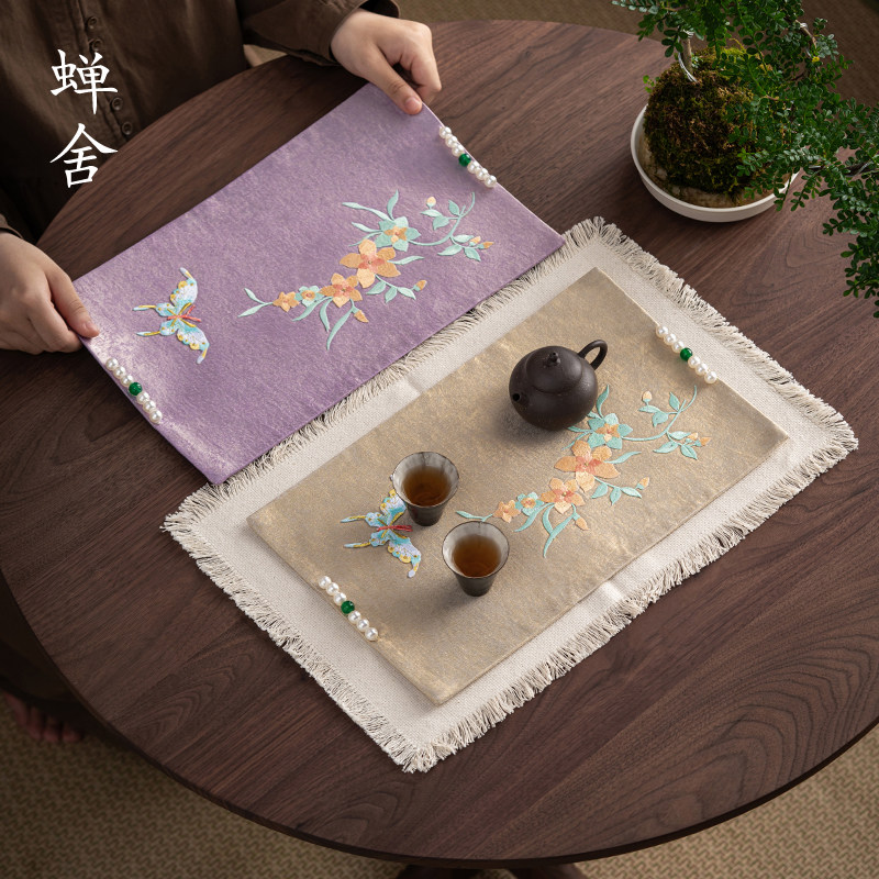 蝉舍刺绣蝴蝶茶席组茶室功夫茶具茶道垫茶桌干泡席茶桌垫中式复古,餐饮具,茶道/零配,淘宝优惠券,粉丝福利购,淘宝优惠卷