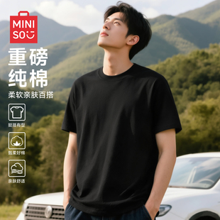 男士 名创优品纯棉t恤短袖 黑色重磅亲肤半袖 新款 正肩体恤潮F 男夏季