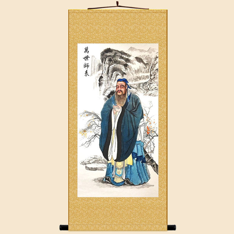 孔子万世师表图 儒家人物画像 覆古书房教室装饰画 绢布卷轴挂画