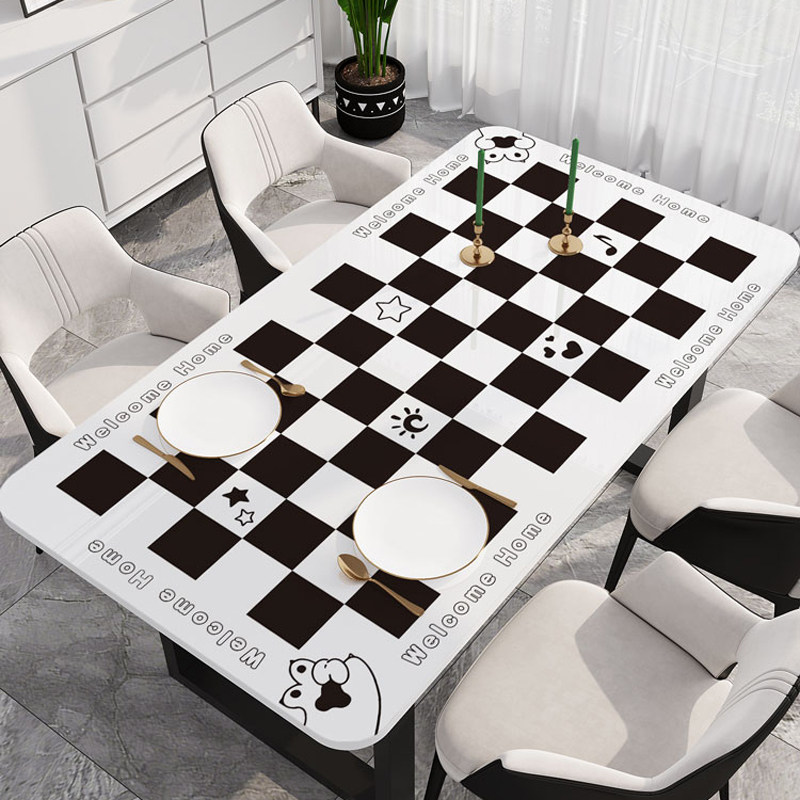 复古棋盘格PVC桌垫防水岩板餐桌透明垫子黑白格子光面桌布可裁剪