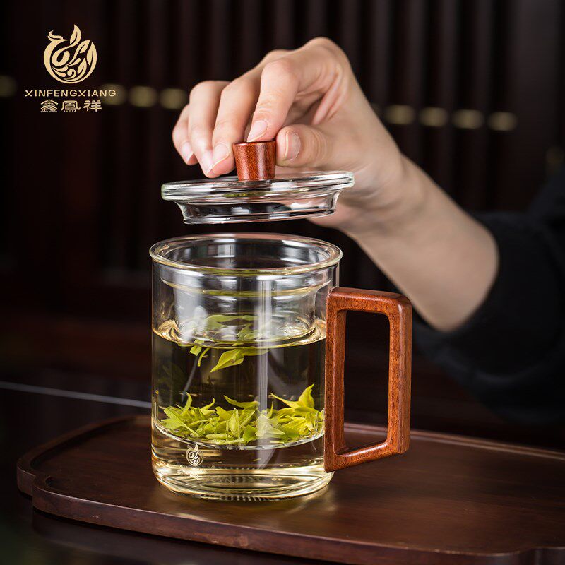 鑫凤祥耐高温玻璃办公杯木把内胆过滤玻璃杯水杯茶水分离杯泡茶杯