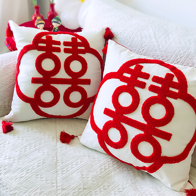 结婚抱枕婚房喜庆红字抱枕套结婚装饰客厅方形中式结婚沙发靠垫