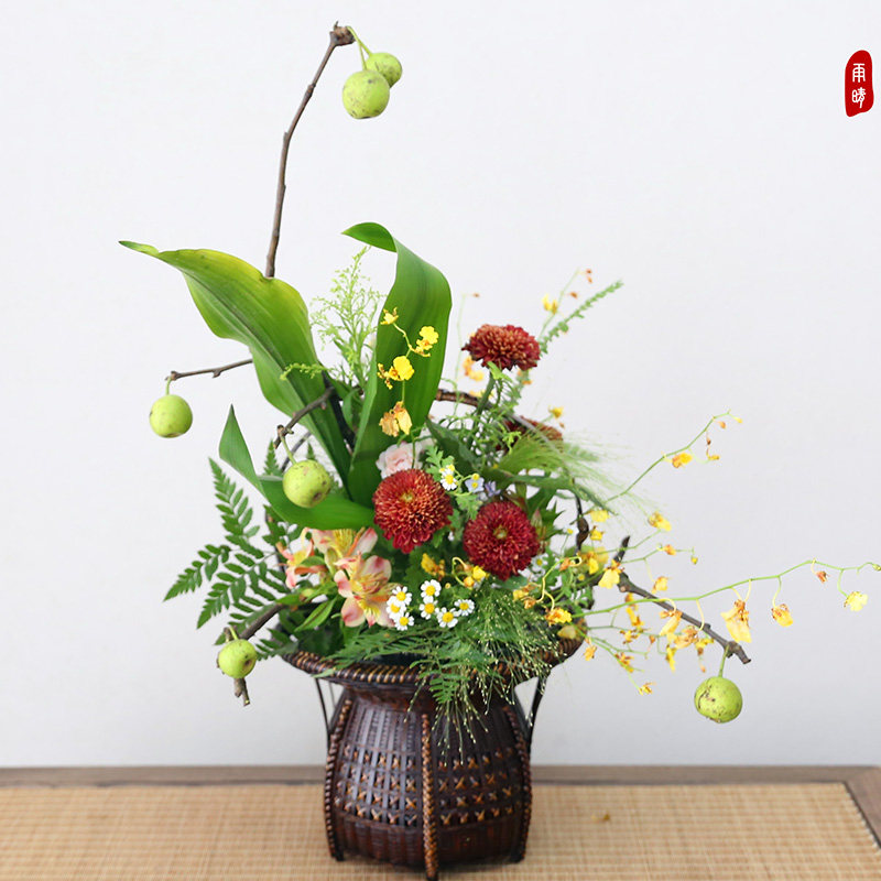 花叶居花篮竹编手提竹篮藤编手工提篮花艺花器中式剑山插花器皿