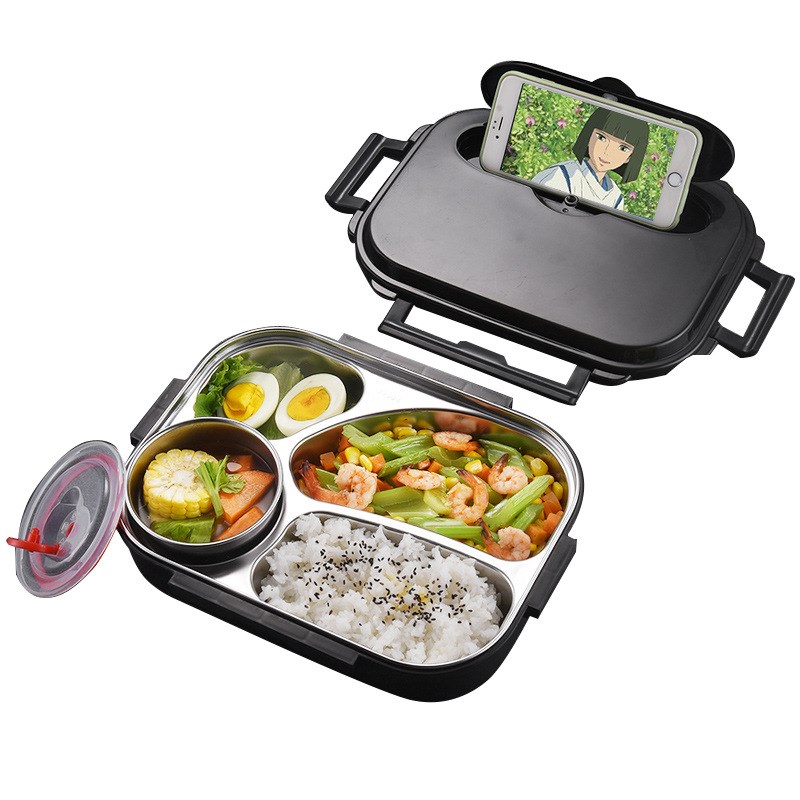 严选不锈钢方形饭盒学生上班族大容量分格保温便当带汤碗餐具