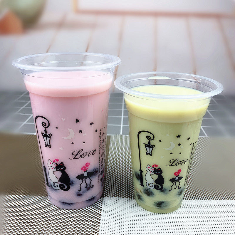 一次性奶茶杯塑料杯子豆浆杯粥杯果汁饮料杯600幸福猫450ml定制