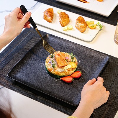 牛排盘子西餐盘家用高级感刀叉套装全套餐具黑色方形牛扒牛排餐盘