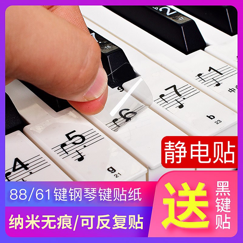 纳米静电透明88/76/61键钢琴键盘贴简谱五线谱初学电子琴按键贴纸