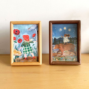 新款6寸实木相框胡桃木摆台卡通可爱摆件榉木画框插画治愈画心