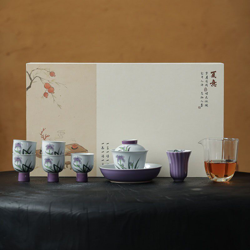 手绘紫色兰花功夫茶具盖碗茶杯套装中式家用泡茶碗整套茶具礼盒