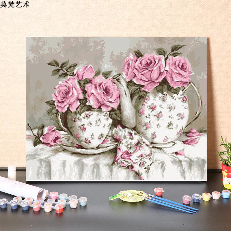 数字油画diy手工填充粉色花瓶玫瑰花卉手绘涂色清新卧室油彩画画