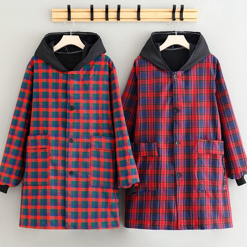 罩衣女外穿舒适加厚加肥加大长袖连帽加绒保暖时尚工作服正穿防寒