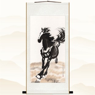 平原奔马图 徐悲鸿名画复制卷轴挂画 中式复古书房玄关装饰画定制