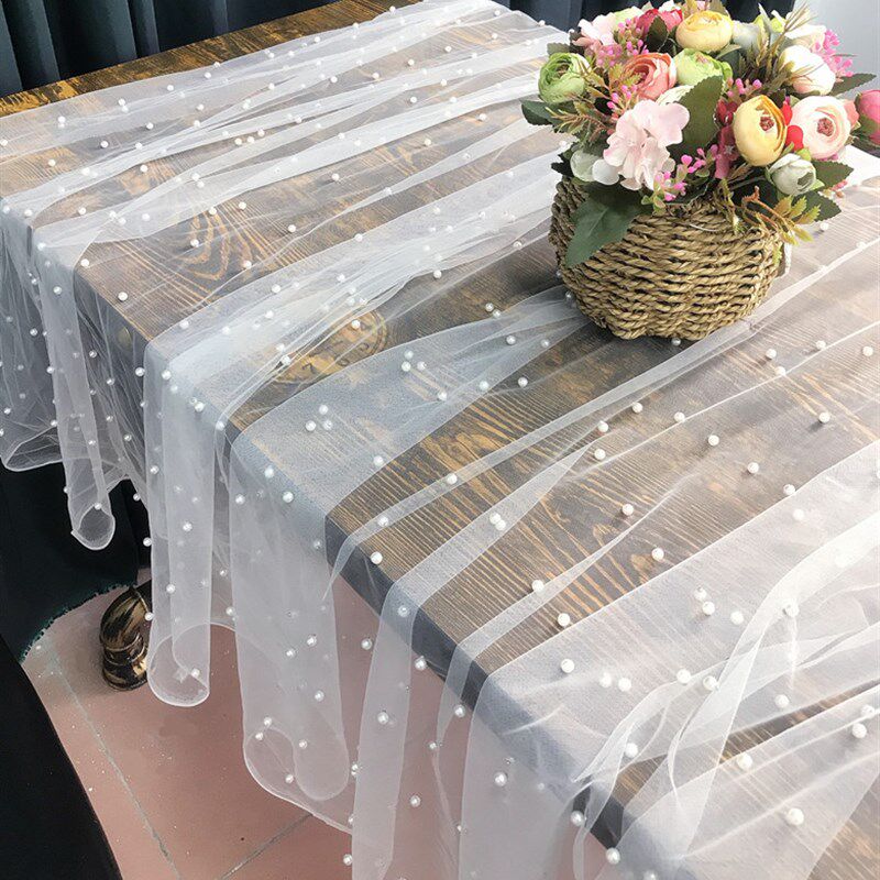 蛋糕摄影背景布甜品台桌布珍珠纱窗帘道具布仙女风白色珍珠纱桌布