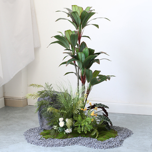 中式仿真石头植物造景盆栽酒店餐厅角落园景仿生草堆室内绿植景观