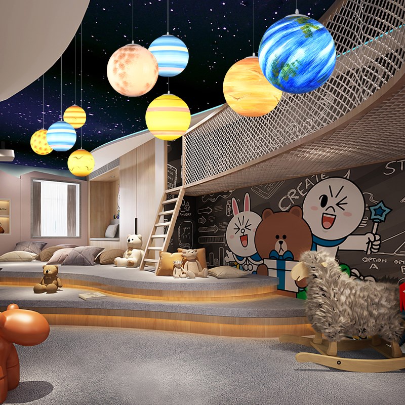 简约现代八大行星空星球灯幼儿园发光圆球地球灯行星月球装饰吊灯