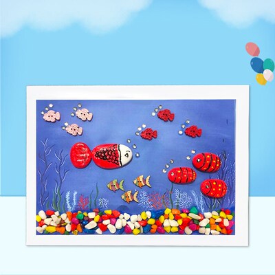 海洋世界主题 石头拼画木相框手工礼品幼儿园 手绘走廊装饰文化墙