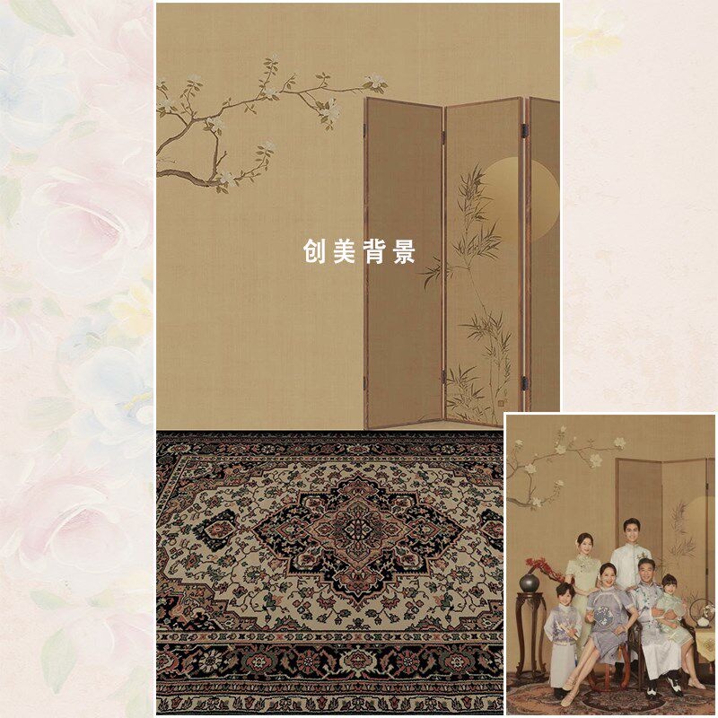 影楼室内工笔画复古全家福写真背景纸影棚一家六口亲子拍照背景