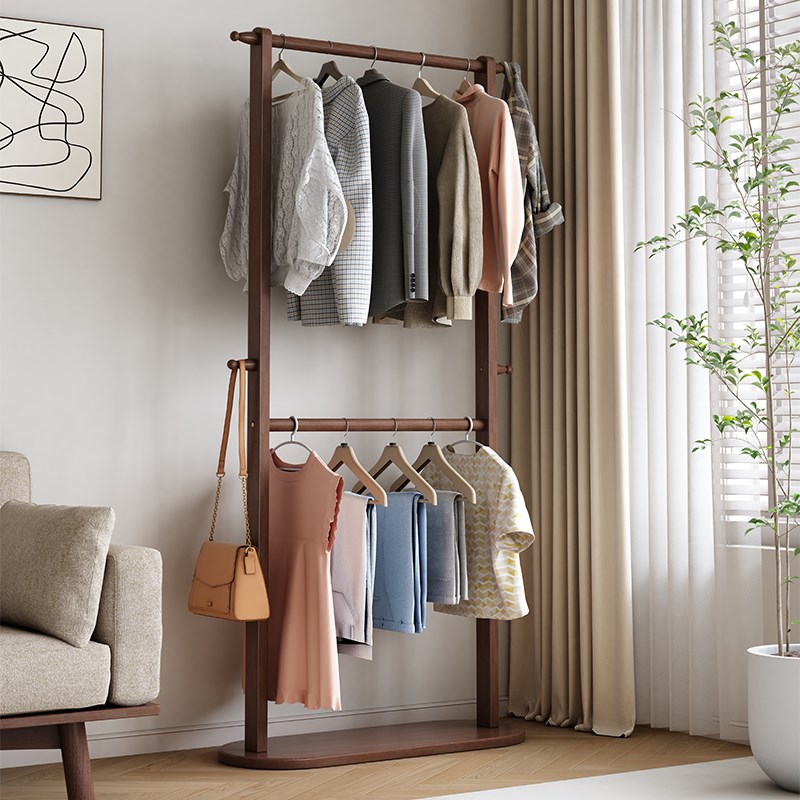 实木落地式挂衣架小户型家用卧室门口简J易衣帽架床边晚上放衣神
