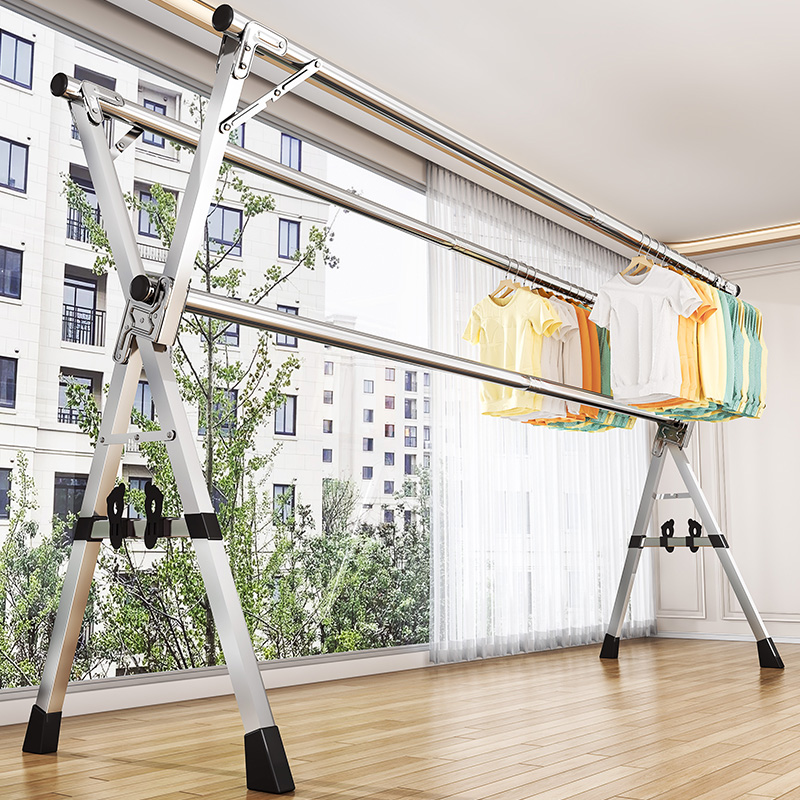 折叠晾衣架落地室内家用阳台卧室不锈钢室L外凉伸缩杆式晒被子神