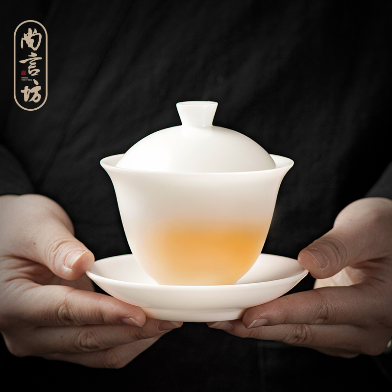 羊脂玉盖碗茶杯泡m茶单个带盖三才大号功夫茶具套装德化白瓷茶碗