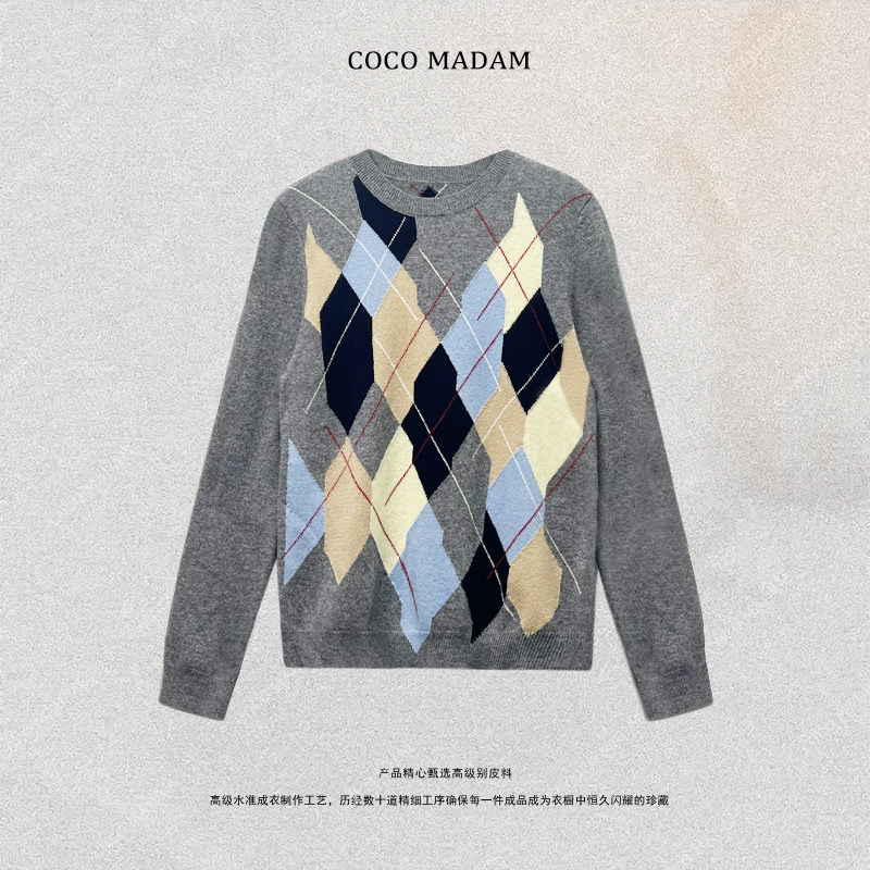 NIUNIU ·T-1488 菱格拼色圆领保暖羊毛衫百搭宽松